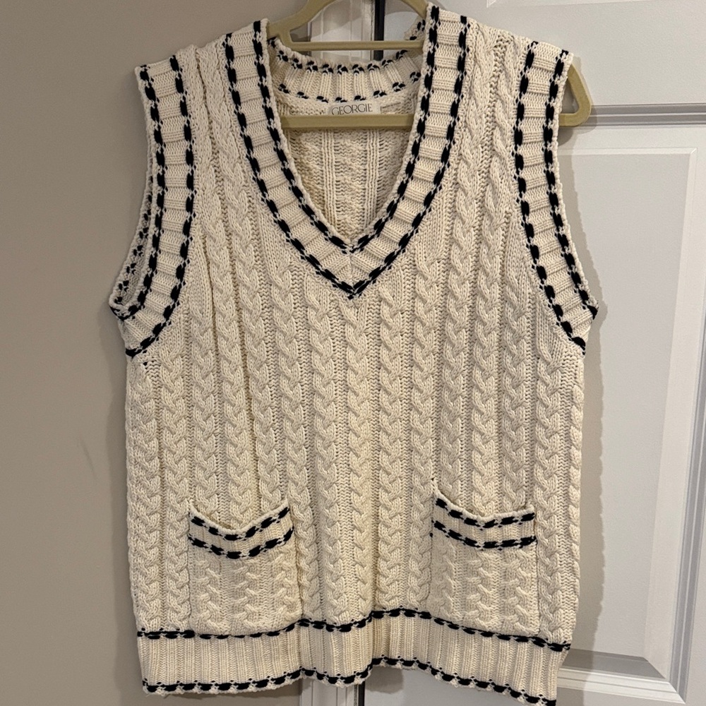 Elegant Cream and Black V-Neck Sweater Vest